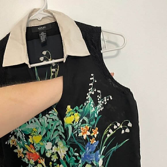 ALFANI PETITE Black Green Floral White? Collar Lace Sleeveless Button Blouse Top - Picture 3 of 16